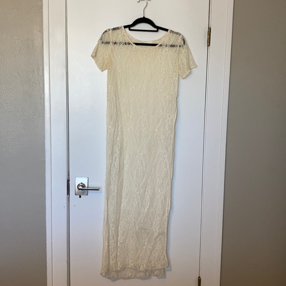 Full length lace overlay dress with side slits